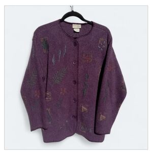 Vtg Leaf Print Purple Button Sweater w/ Hand Pockets by Bernie's Glen Size Large